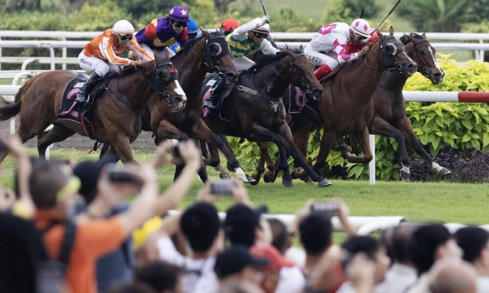 Jinetes y sus caballos compiten este sábado en una carrera en el club hípico Singapur Turf, en el último evento hípico que acogerá Singapur tras 182 años de historia. EFE/EPA/HOW HWEE YOUNG ATTENTION: This Image is part of a PHOTO SET