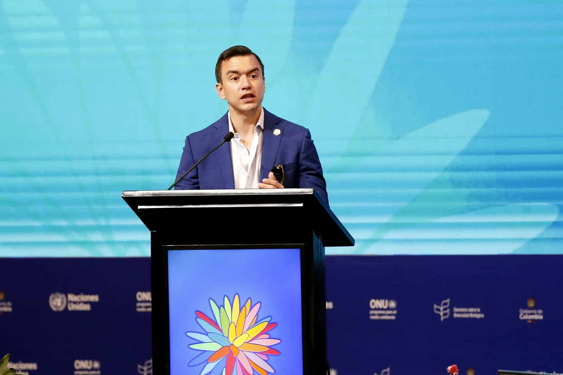 El presidente de Ecuador, Daniel Noboa, habla durante el segmento de alto nivel de la Conferencia de la ONU sobre Biodiversidad Biológica (COP16), este martes, en Cali (Colombia). EFE/ Ernesto Guzmán Jr.