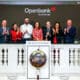 Fotografía cedida por New York Stock Exchange (NYSE) de la presidenta del Banco Santander, Ana Patricia Botín (c); la presidenta de la Bolsa de NuevaYork, Lynn Martin (2d); el golfista español, Jon Rahm (3i), y directivos de Openbank y de la Bolsa de Nueva York posando este lunes, en Nueva York. (Estados Unidos). EFE/ Courtney Crow