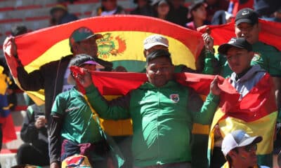 Hinchas de Bolivia asisten al partido de las eliminatorias sudamericanas entre la Verde y Colombia en el estadio Municipal en El Alto (Bolivia). EFE/ Luis Gandarillas