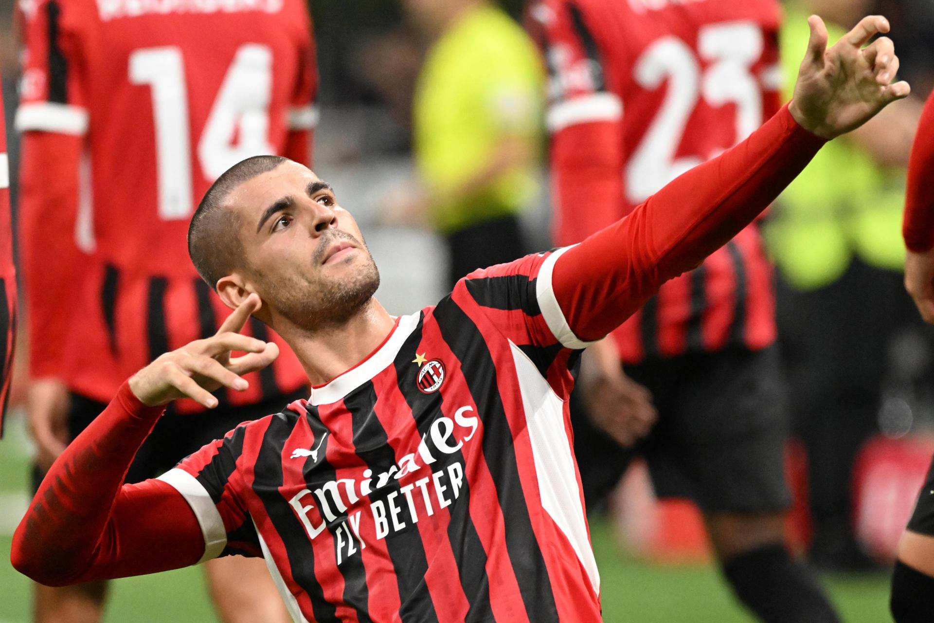 El jugador del Milan Álvaro Morata en una imagen de archivo celebrando un gol. EFE/EPA/DANIEL DAL ZENNARO