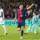 El delantero del Barcelona Robert Lewandowski celebra su gol, primero del equipo blaugrana, durante el encuentro de la Liga de Campeones ante el Young Boys en el Estadio Olímpico Lluis Companys. EFE/Enric Fontcuberta.