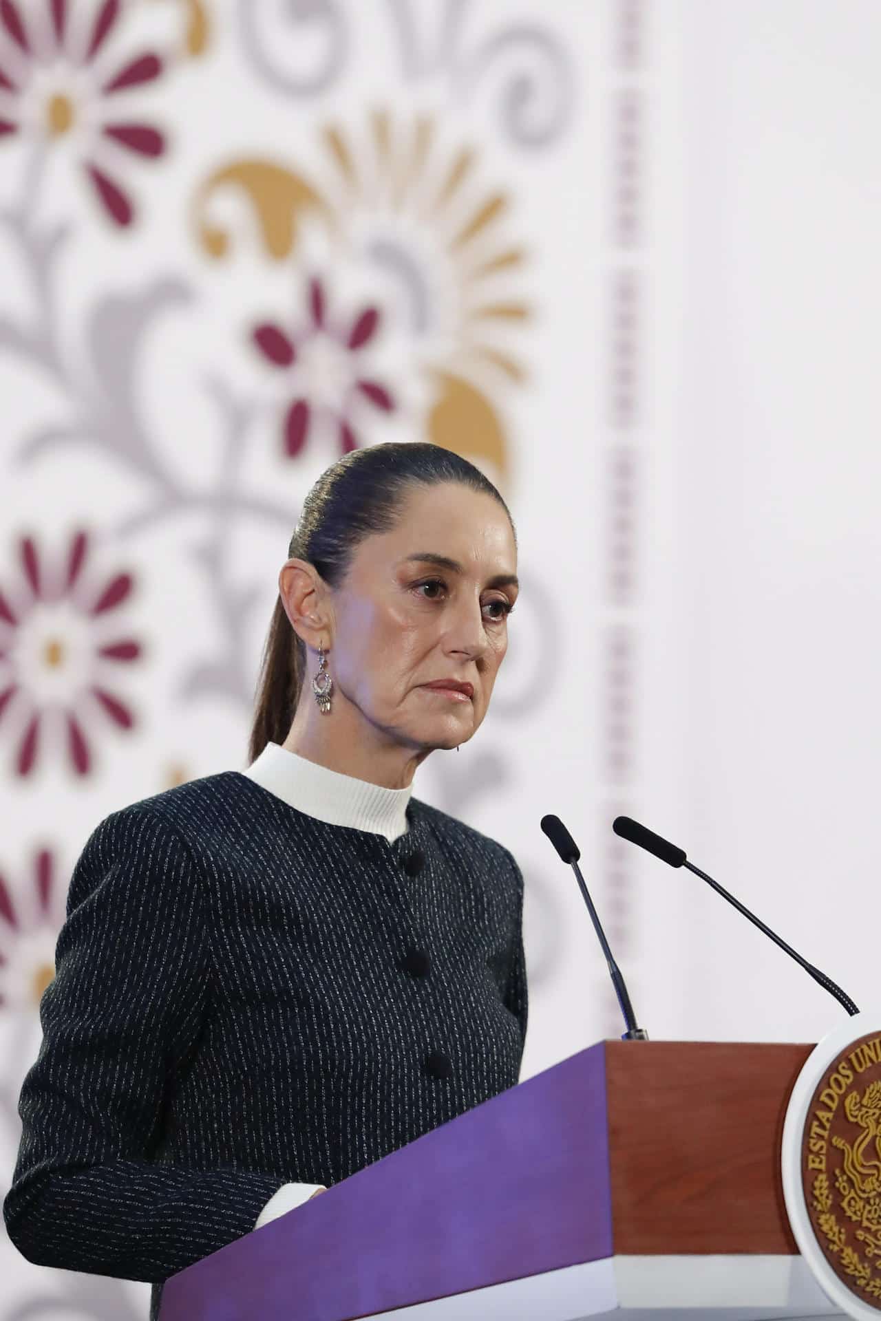 La presidenta de México, Claudia Sheinbaum, habla durante una rueda de prensa este jueves en el Palacio Nacional en la Ciudad de México (México). EFE/ Mario Guzmán