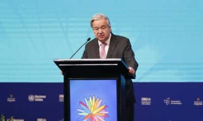 El secretario general de Naciones Unidas, António Guterres, pronuncia su discurso en el segmento de alto nivel de la Conferencia de la ONU sobre Biodiversidad Biológica (COP16) este martes, en Cali (Colombia). EFE/ Ernesto Guzmán Jr.