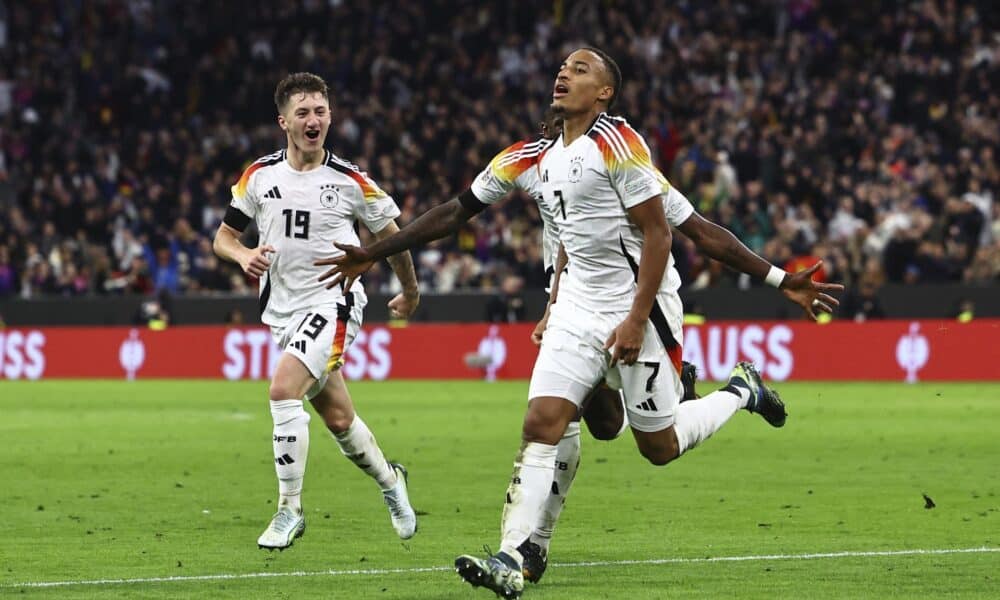 El alemán Jamie Leweling celebra su gol ante Países Bajos en la Liga de las Naciones. EFE/EPA/FILIP SONG