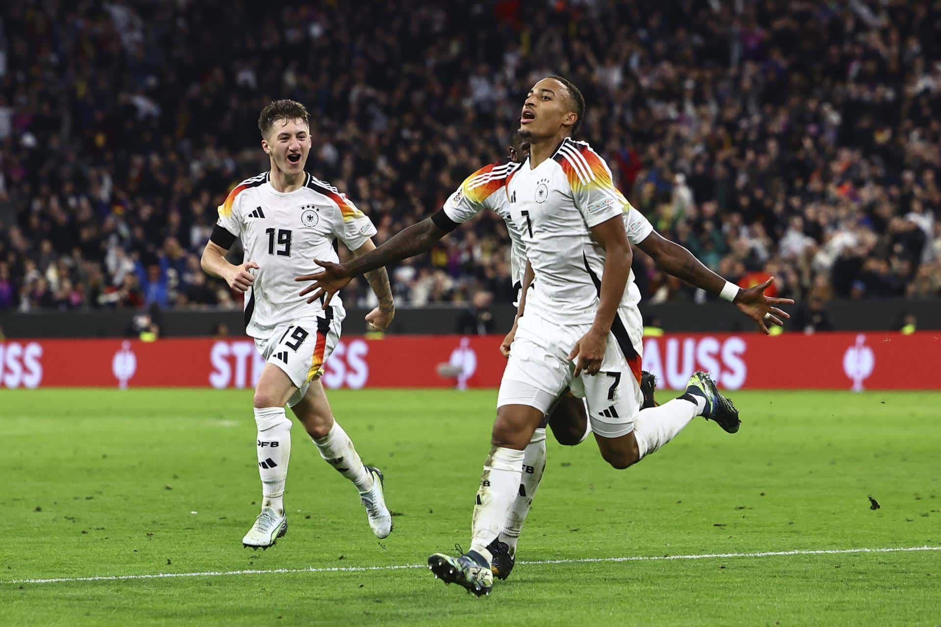 El alemán Jamie Leweling celebra su gol ante Países Bajos en la Liga de las Naciones. EFE/EPA/FILIP SONG