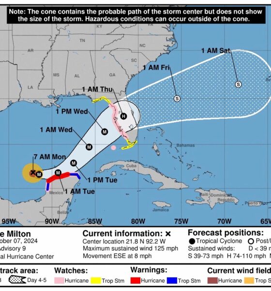 Imagen cedida por el Centro Nacional de Huracanes (NHC) estadounidense este lunes donde se muestra el pronóstico de cinco días del paso del huracán Milton en el Golfo de México hacia Florida. EFE/NHC