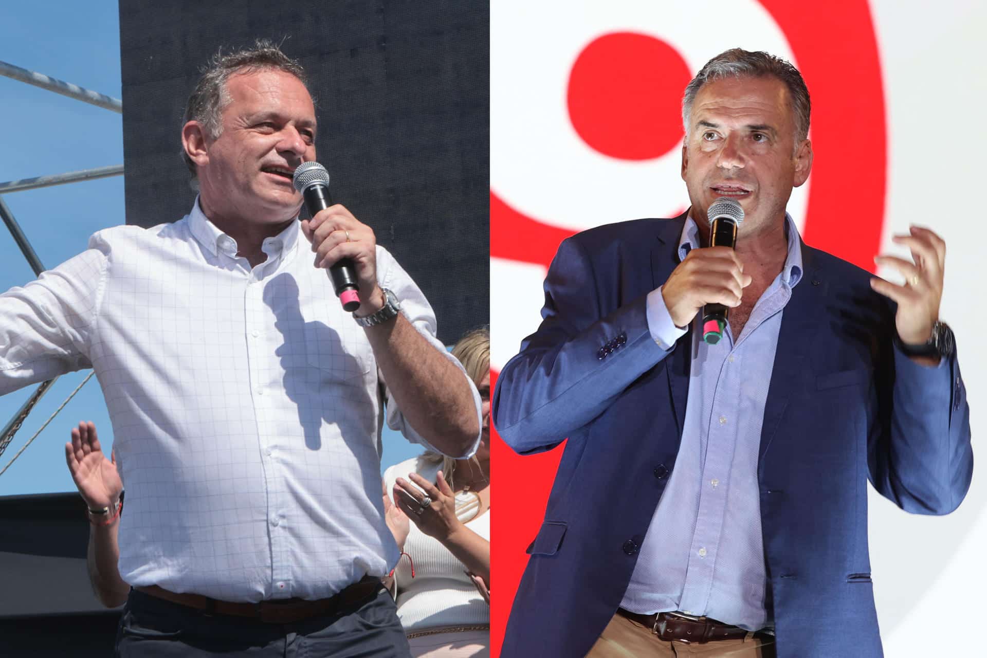 Combo de fotografías donde aparece el candidato a la presidencia de Uruguay por el oficialista Partido Nacional, Álvaro Delgado (i) y el candidato a la presidencia de Uruguay por la coalición izquierda Frente Amplio, Yamandú Orsi.EFE/ Gaston Britos / STR