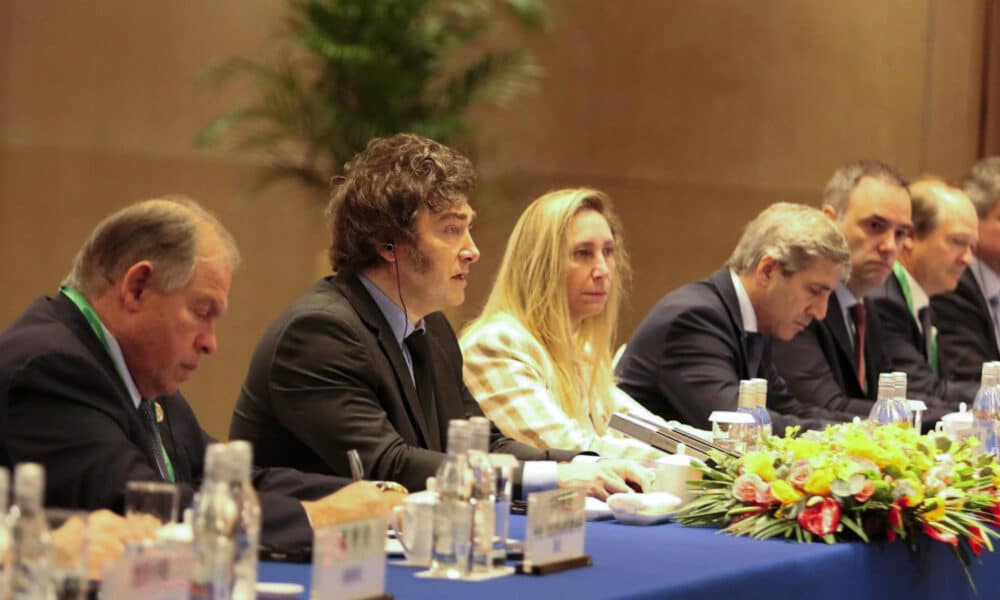 Fotografía cedida por la Presidencia de Argentina del mandatario de Argentina, Javier Milei (2-i), en una reunión bilateral con su homólogo de China, Xi Jinping, en el marco de la cumbre G20, este martes en Río de Janeiro (Brasil). EFE/ Presidencia de Argentina