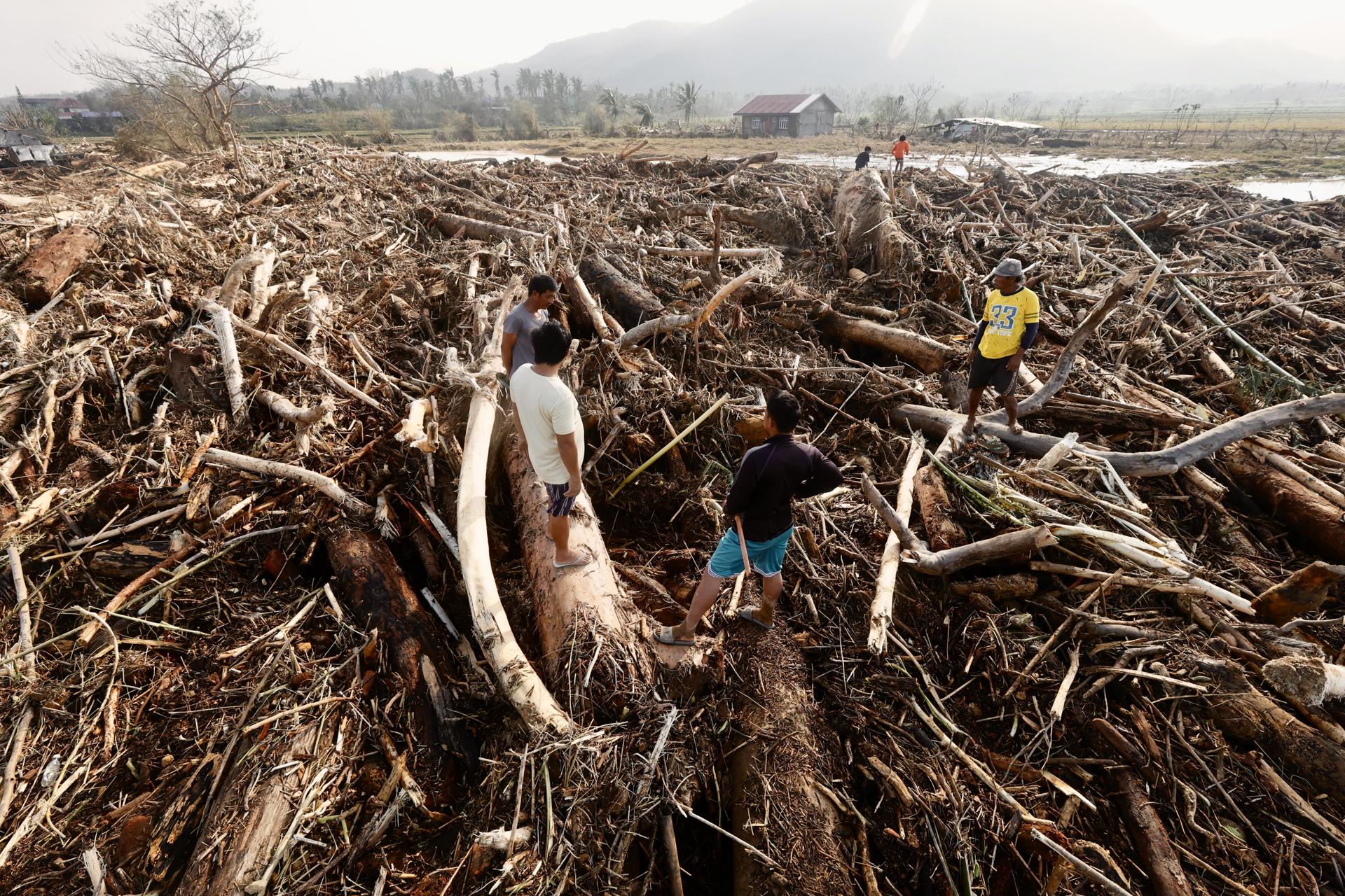 Santa Ana (Philippines), 15/11/2024.- Filipino villagers stand on washed up logs and debris caused by Typhoon Usagi in the coastal municipality of Santa Ana, Cagayan province, Philippines, 15 November 2024. Typhoon Usagi, the fifth major typhoon to hit the Philippines, brought more damaged after the onslaught of Typhoons Toraji, Trami, Yinxing and Kong-rey. (Filipinas) EFE/EPA/FRANCIS R. MALASIG