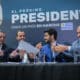 Desde la izquierda, el candidato presidencial por el Partido Nacional (PN), Alvaro Delgado, del PN Agustin Iturralde, del Partido Colorado Andrés Ojeda, y del Partido Independiente Pablo Mieres, asisten a una rueda de prensa este lunes, en Montevideo (Uruguay). EFE/ Sofía Torres