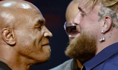 Imagen de archivo del exboxeador estadounidense Myke Tyson (i) y el boxeador y youtuber Jake Paul (d) en la rueda de prensa promocional de una pelea entre ellos, en el Teatro Apollo de Nueva York (Estados Unidos). EFE/ Peter Foley