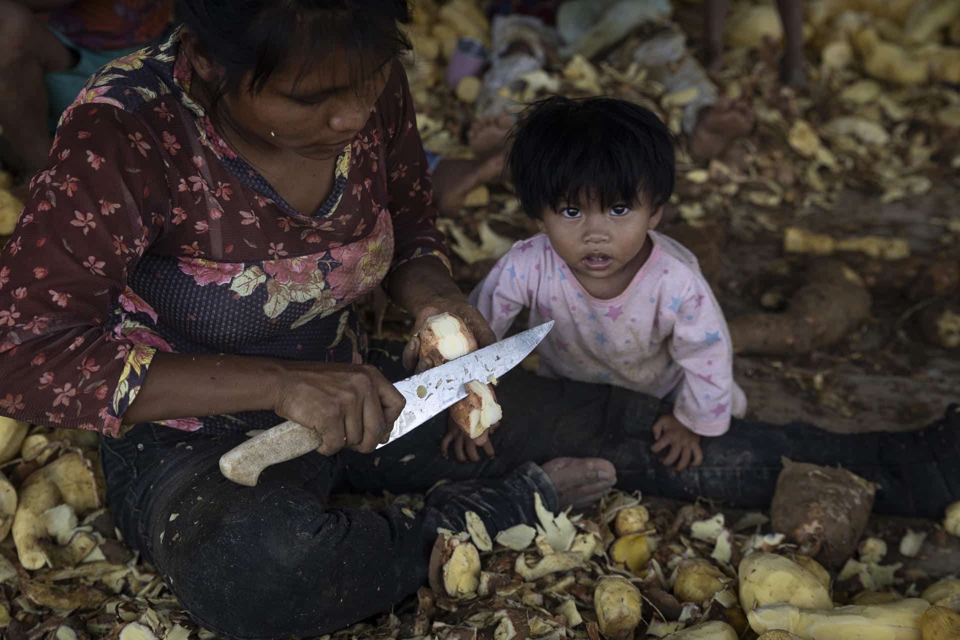 Una mujer indígena de la etnia Mundurukú trabaja procesando yuca para producir harina, en la aldea Kaba Biorebu de la Tierra Indígena Mundurukú en el municipio de Jacareacanga, en el estado de Pará (Brasil). EFE/ Isaac Fontana