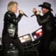 Fotografía del 12 de septiembre de 2024 cedida por David Bergman donde aparecen los artistas Jon Bon Jovi (i) y el cubano-estadounidense Pitbull durante un concierto de la gira 'Party After Dark Tour' de Pitbull, celebrado en el Teatro Jones Beach en Wantagh, Nueva York (EE.UU). EFE/David Bergman