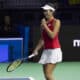 La tenista japonesa Ena Shibahara, ex número cuatro del mundo en dobles, tras vencer a la rumana Jaqueline Cristian a la que ha superado en  (6-2 y 7-6) (6-2 y 7-6) en el segundo partido de los octavos de la Copa Billie Jean King, quedando así empatada la eliminatoria para Japón ante Rumanía por lo que todo se resolverá en el duelo por parejas. EFE/Carlos Díaz.