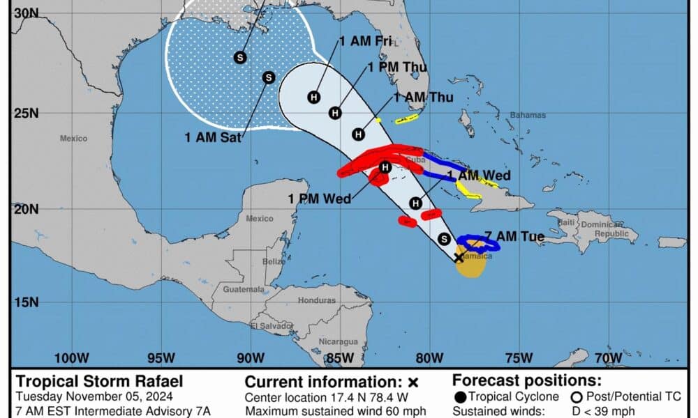 Imagen cedida este martes por el Centro Nacional de Huracanes (NHC) estadounidense donde se muestra el pronóstico de cinco días de la trayectoria de la tormenta Rafael (i) en el Mar Caribe hacia el Golfo de México. EFE/NOAA-NHC