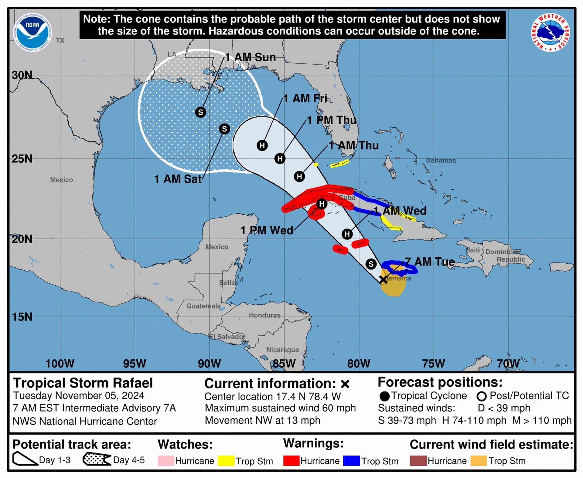 Imagen cedida este martes por el Centro Nacional de Huracanes (NHC) estadounidense donde se muestra el pronóstico de cinco días de la trayectoria de la tormenta Rafael (i) en el Mar Caribe hacia el Golfo de México. EFE/NOAA-NHC