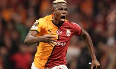 El delantero nigeriano del Galatasaray Victor Osimhen celebra su gol contra el Tottenham. EFE/EPA/ERDEM SAHIN