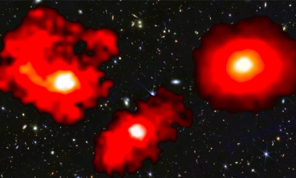 Los tres monstruos rojos son galaxias extremadamente masivas y polvorientas en los primeros mil millones de años posteriores al Big Bang. Crédito: NASA/CSA/ESA, M. Xiao y P. A. Oesch (Universidad de Ginebra), G. Brammer (Instituto Niels Bohr), Archivo Dawn JWST. Imagen facilitada por la Universidad de Ginebra.