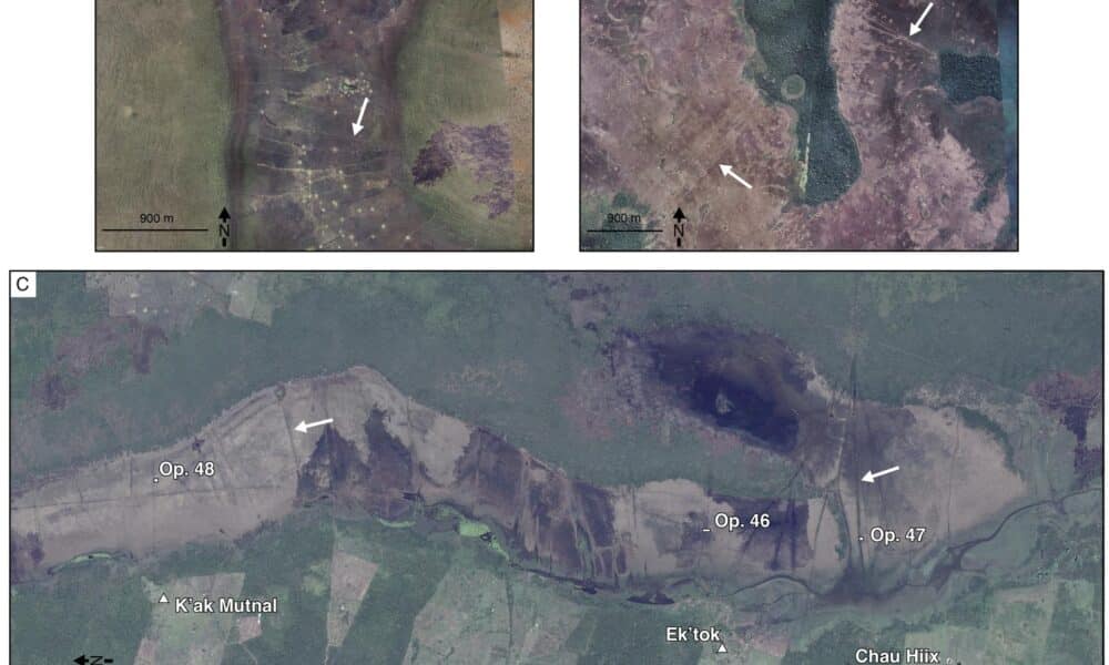 Paisajes de llanuras aluviales estacionales con presas para peces que se asemejan a las del Crooked Tree. Las imágenes de satélite incluyen (A) una pesquería contemporánea en Zambia, África; (B) una antigua pesquería en la Amazonía boliviana; y (C) la antigua pesquería en la Laguna Occidental, Belice. Crédito: Todas las imágenes son cortesía de Google Earth. Harrison-Buck et al.