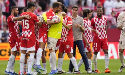 Los jugadores del Girona celebran la victoria en el partido de LaLiga disputado ante el Athletic en el estadio de Montilivi, en una foto de archivo. EFE/ Siu Wu