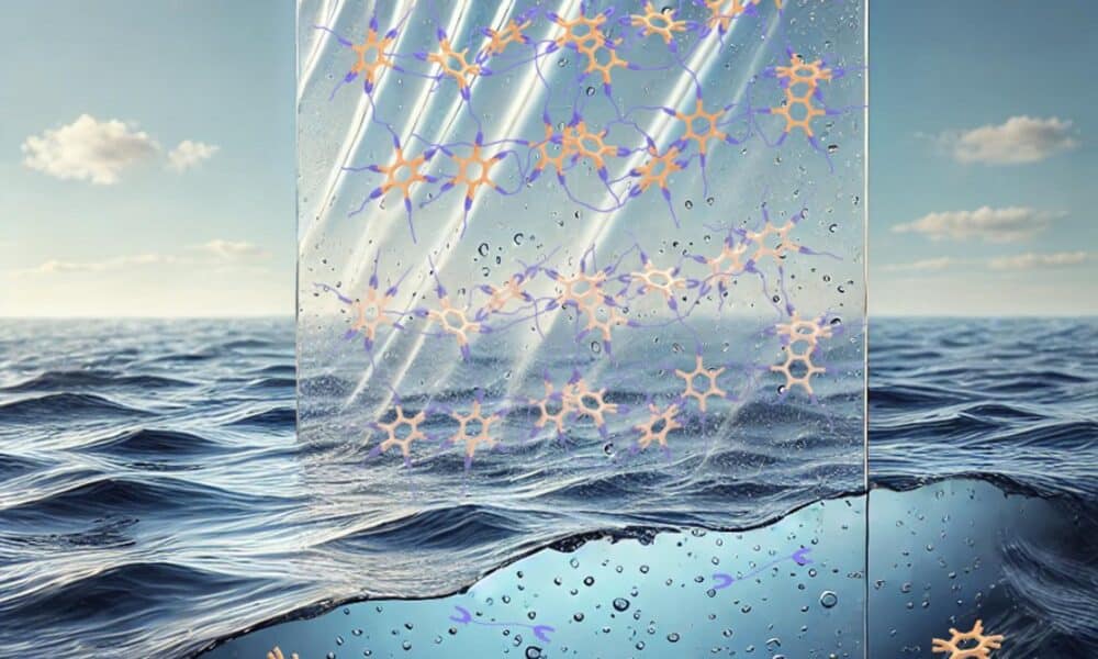 Representación artística del nuevo plástico. Los puentes de sal reticulados visibles en el plástico fuera del agua de mar le dan su estructura y resistencia. En el agua de mar (y en el suelo, no representado), la resalinización destruye los puentes, lo que evita la formación de microplásticos y permite que el plástico se vuelva biodegradable. Crédito: Riken.