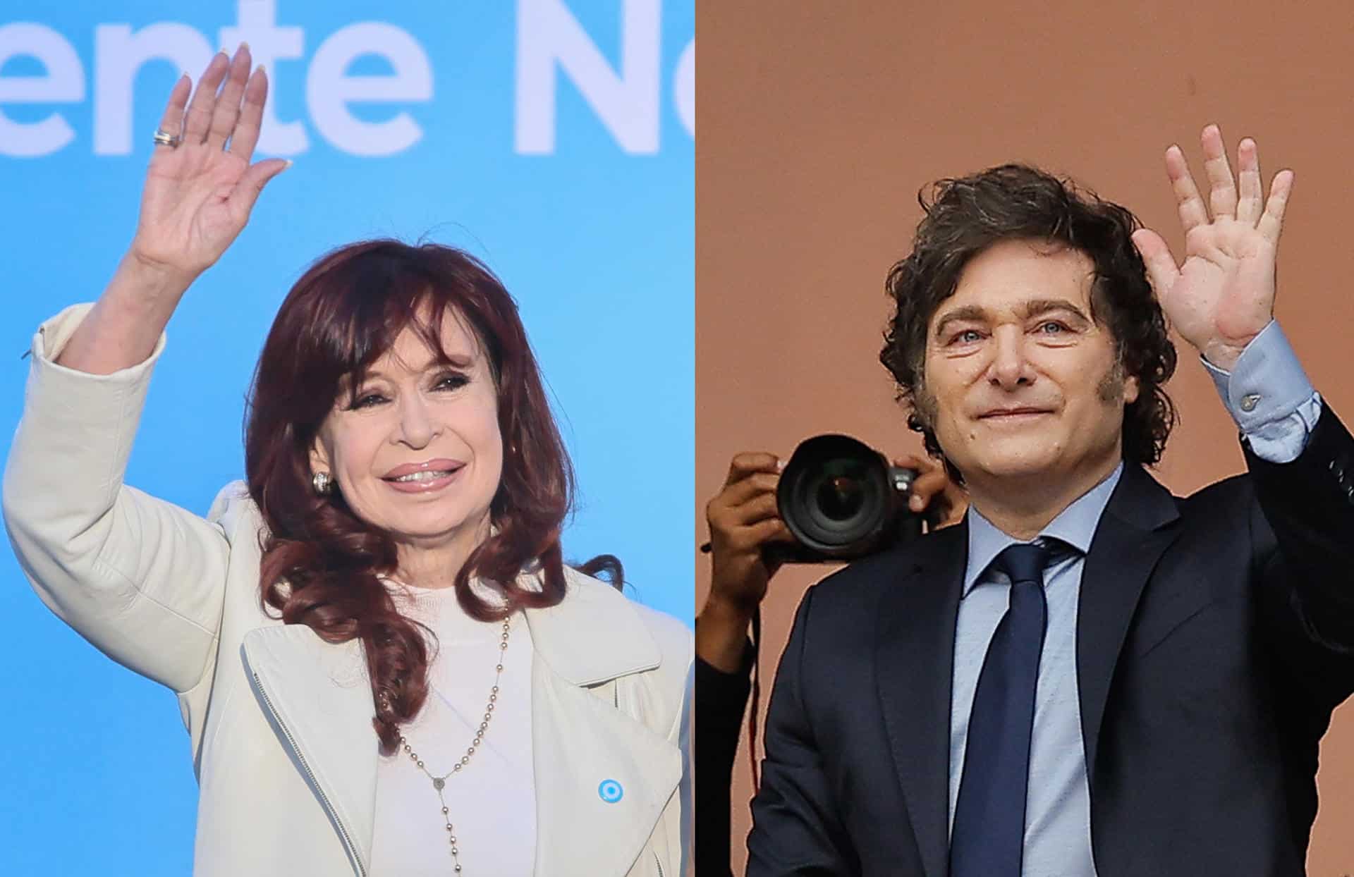 Combo de fotografías de archivo que muestra a la expresidenta de Argentina Cristina Fernández (2007-2015) (i) y al actual gobernante del país, Javier Milei. EFE/ARCHIVO