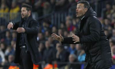 Luis Enrique y Simeone, en una foto de archivo durante el Barcelona-Atlético de Madrid de la Liga de Campeones de 2016. EFE/Quique García