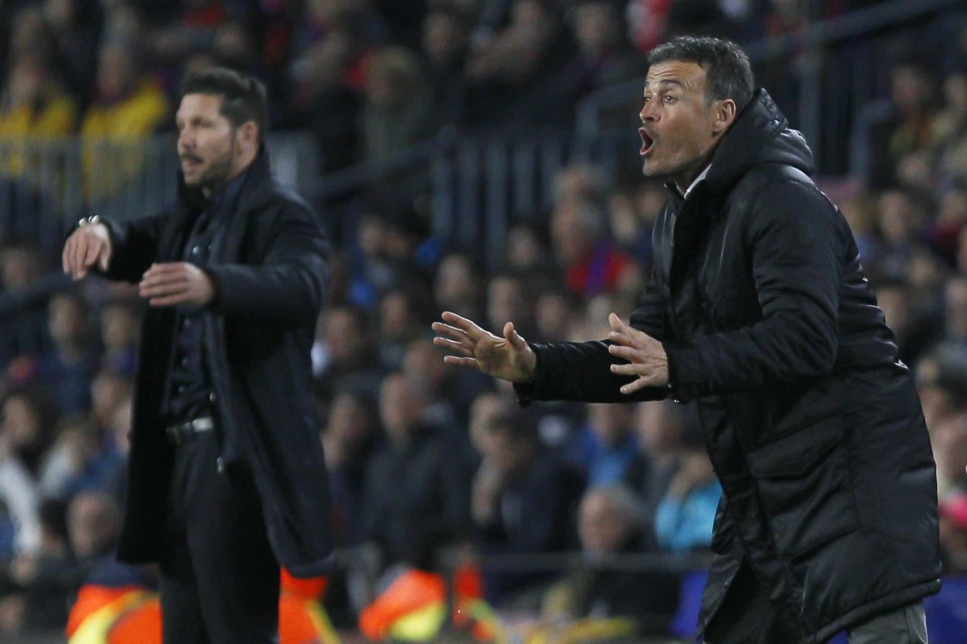 Luis Enrique y Simeone, en una foto de archivo durante el Barcelona-Atlético de Madrid de la Liga de Campeones de 2016. EFE/Quique García