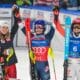 La austríaca Katharina Liensberger of Austria (i), segunda, la estadounidense Mikaela Shiffrin (c), vencedora, y la alemana Lena Duerr, tercera, componen el podio del eslalon de Levi de la Copa del Mundo de esquí alpino. EFE/EPA/Kimmo Brandt