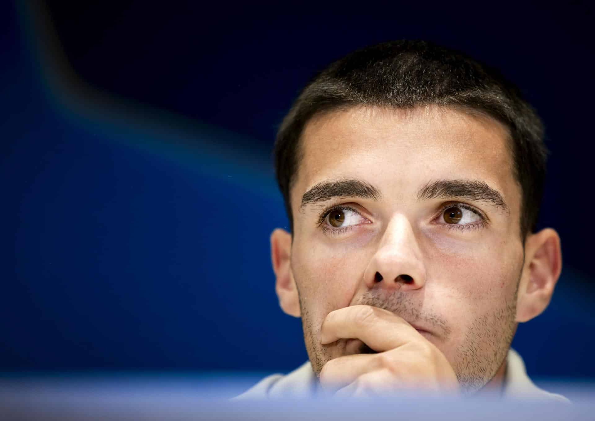 El jugador del Girona Miguel Gutierrez durante la rueda de prensa previa al partido de la Liga de Campeones contra el PSV Eindhoven. EFE/EPA/Koen van Weel