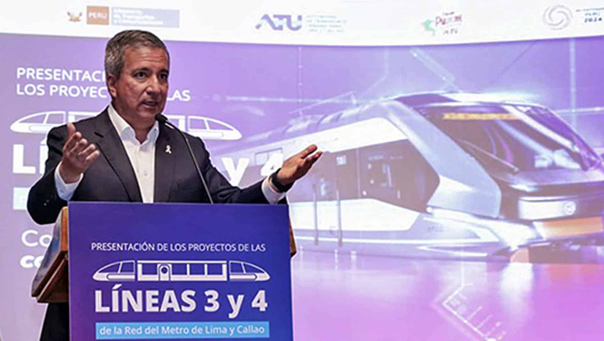 Fotografía cedida por el Ministerio de Transportes y Comunicaciones de Perú del ministro, Raúl Pérez Reyes, durante la presentación de los proyectos de las nuevas líneas del metro, en Lima (Perú). EFE/ Ministerio de Transportes