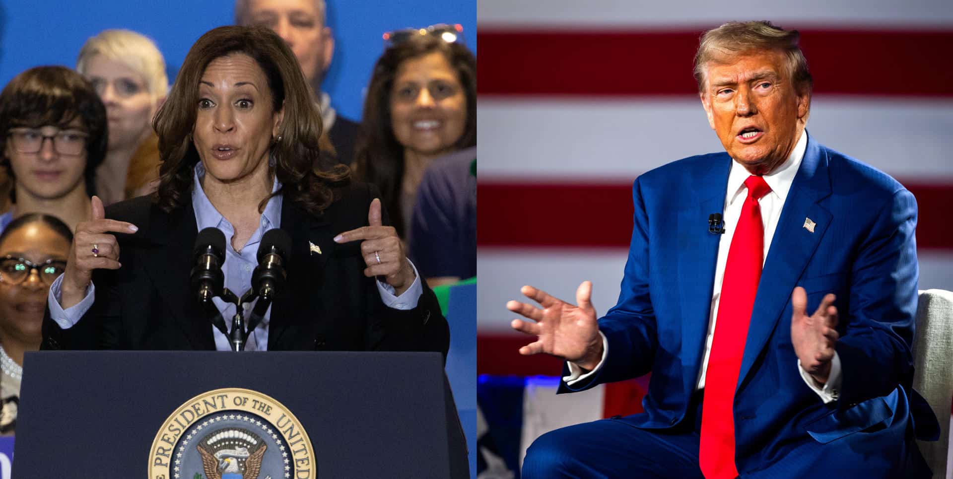 Combo de dos fotografías de la vicepresidenta estadounidense y candidata demócrata a la Casa Blanca, Kamala Harris (i), y su rival republicano, el expresidente Donald Trump. EFE/ Rebecca Droke/Jim Lo Scalzo