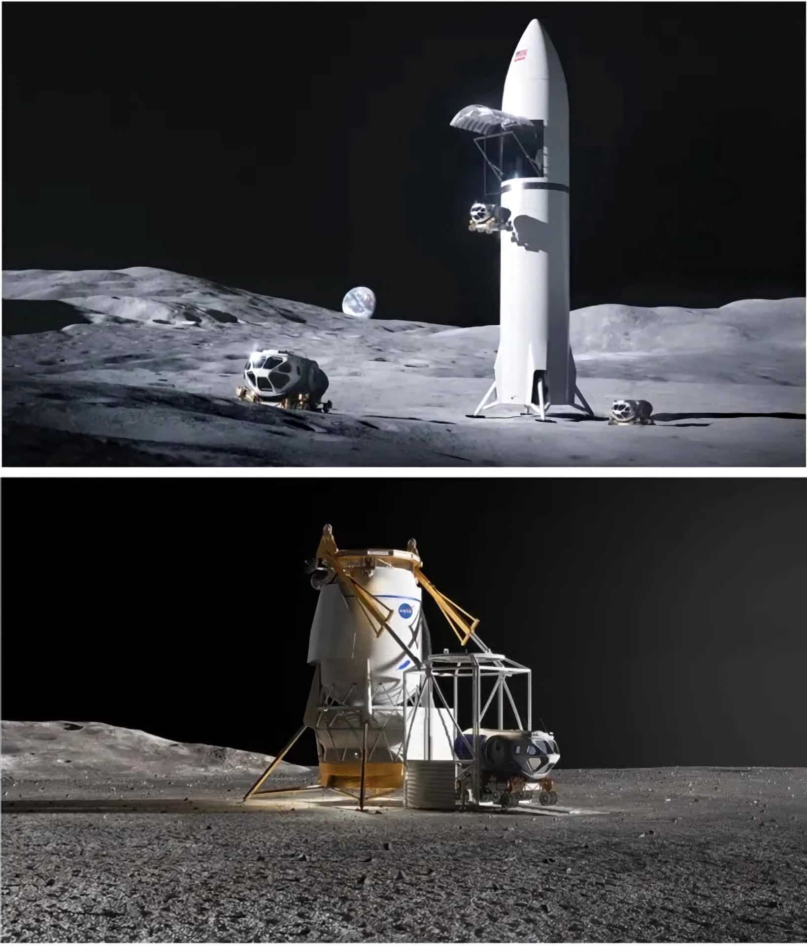 Composición de dos fotografías cedidas donde se muestran las primeras representaciones conceptuales de las variantes de carga de los sistemas de aterrizaje lunar tripulado de SpaceX (arriba), y de Blue Origin. EFE/ SpaceX/Blue Origin /SOLO USO EDITORIAL /NO VENTAS /SOLO DISPONIBLE PARA ILUSTRAR LA NOTICIA QUE ACOMPAÑA /CRÉDITO OBLIGATORIO