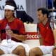 Foto de archivo del 6 de febrero de 2004 de Rafael Nadal (i), junto con el capitán del equipo español de Copa Davis, Jordi Arrese, en un descanso de su partido contra el checo Jiri Novak, en Brno (República Checa). EFE/Sergio Carmona