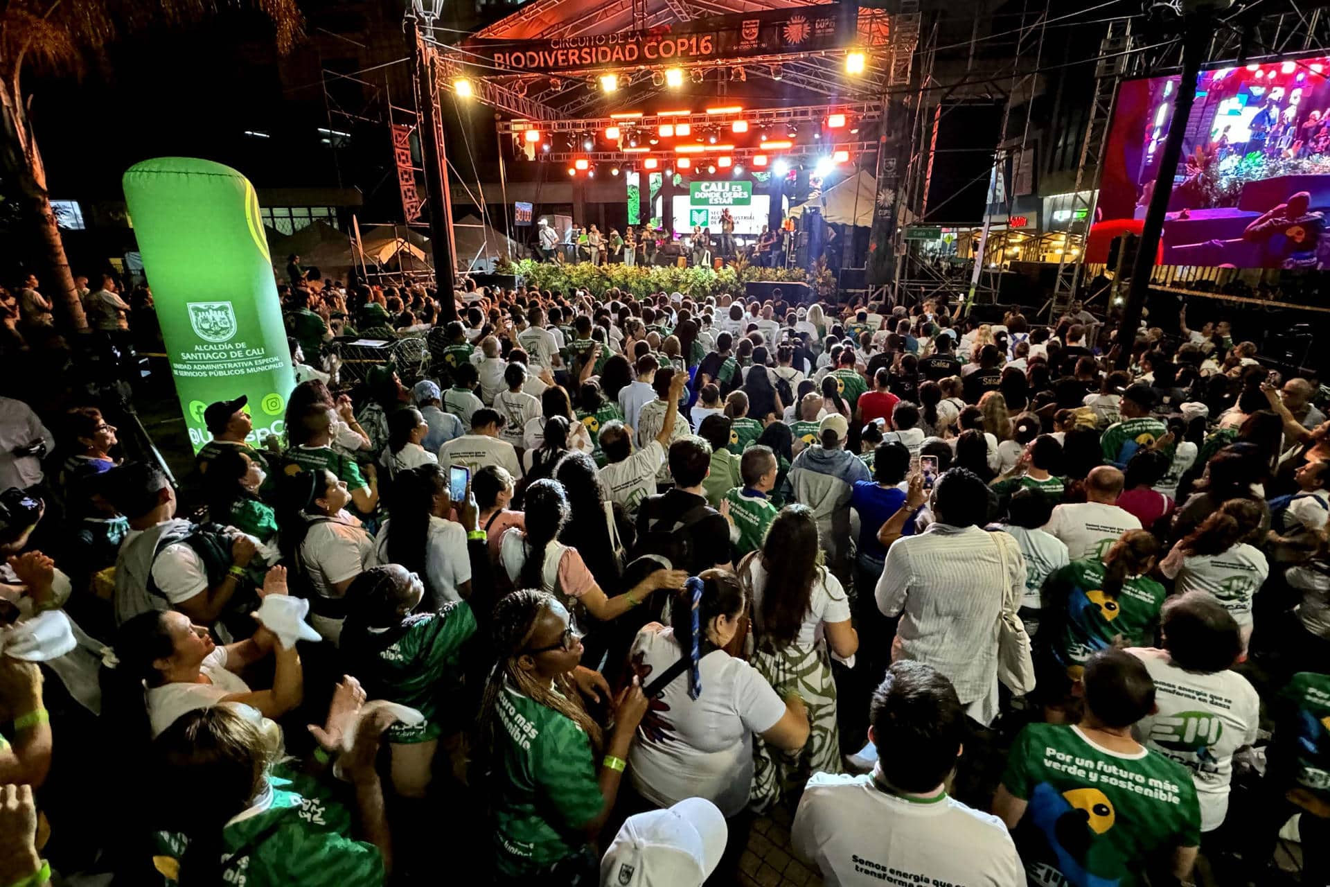 Decenas de personas asisten al cierre de la COP16, el viernes en la noche en Cali (Colombia). EFE/ Mario Baos