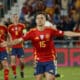 El centrocampista de la selección española Bryan Zaragoza celebra su gol, tercero de España, durante el encuentro de la sexta jornada de la Liga de Naciones de la UEFA que los combinados nacionales de España y Suiza disputaron en el estadio Heliodoro Rodríguez López de Santa Cruz de Tenerife. EFE/Ramón de la Rocha