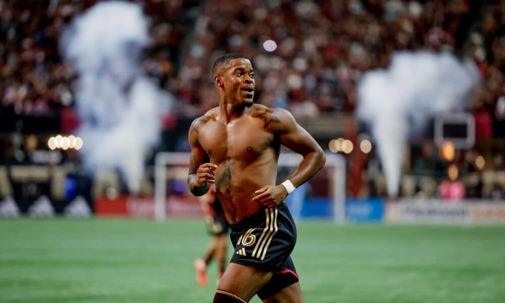 El delantero del Atlanta United Xande Silva celebra tras anotar contra el Inter Miami. EFE/ERIK S. LESSER