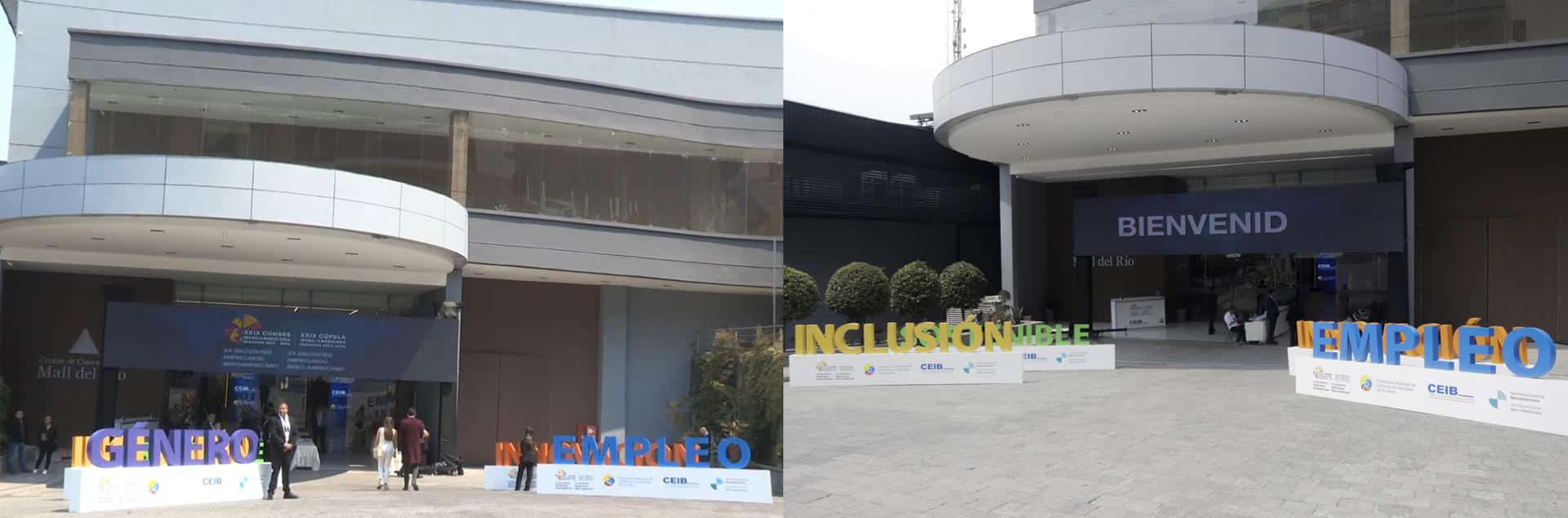 Combo de dos fotografías donde se ve la entrada al Centro de Convenciones Río Mall donde se desarrolló en Encuentro Empresarial de la XXIX Cumbre Iberoamericana de Jefes de Estado y de Gobierno este viernes, en Cuenca (Ecuador). EFE