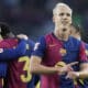 El centrocampista del FC Barcelona Dani Olmo celebra después de marcar su segundo gol, que pone el marcador a 3-0, durante el partido de LaLiga que enfrenta al FC Barcelona contra el Espanyol este domingo en el Camp Nou en Barcelona. EFE/ Enric Fontcuberta