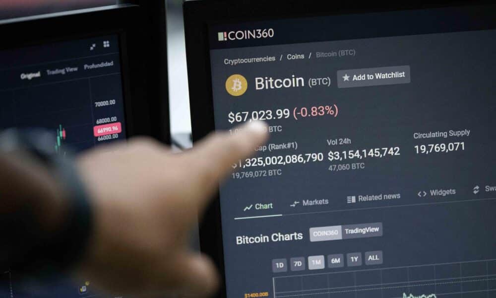 Fotografía de archivo en donde una persona señala el precio del bitcoin. EFE/ Ronald Peña