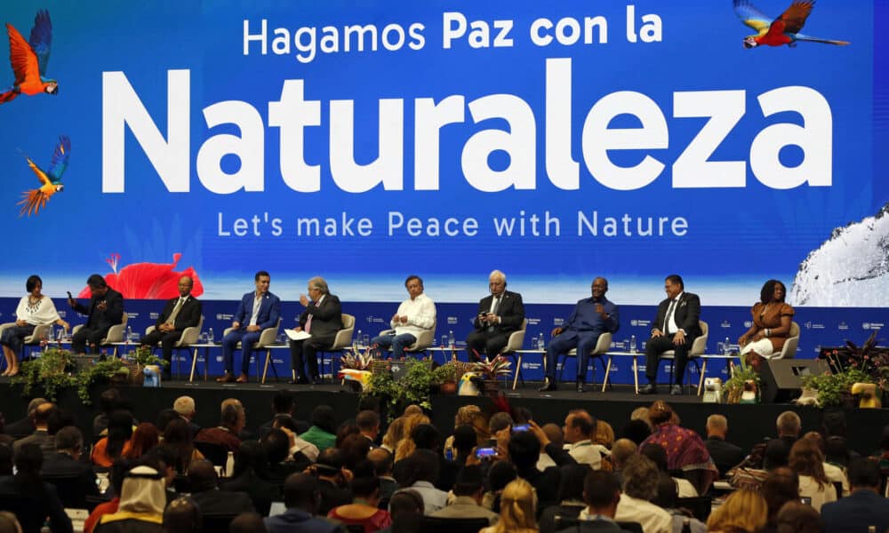 Fotografía de archivo del 29 de octubre de 2024 del presidente de Colombia, Gustavo Petro (6i), acompañado por el secretario general de la ONU, António Guterres (5i), y el presidente de Ecuador, Daniel Noboa (4i), entre otros, participan en el segmento de alto nivel de la Conferencia de la ONU sobre Biodiversidad Biológica (COP16) en Cali (Colombia). EFE/ Ernesto Guzmán Jr.