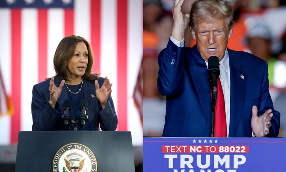 Composición de dos fotografías de archivo donde aparecen los dos candidatos presidenciales estadounidenses, la demócrata Kamala Harris y el republicano Donald Trump. EFE/W. Oliver/E.S. Lesser