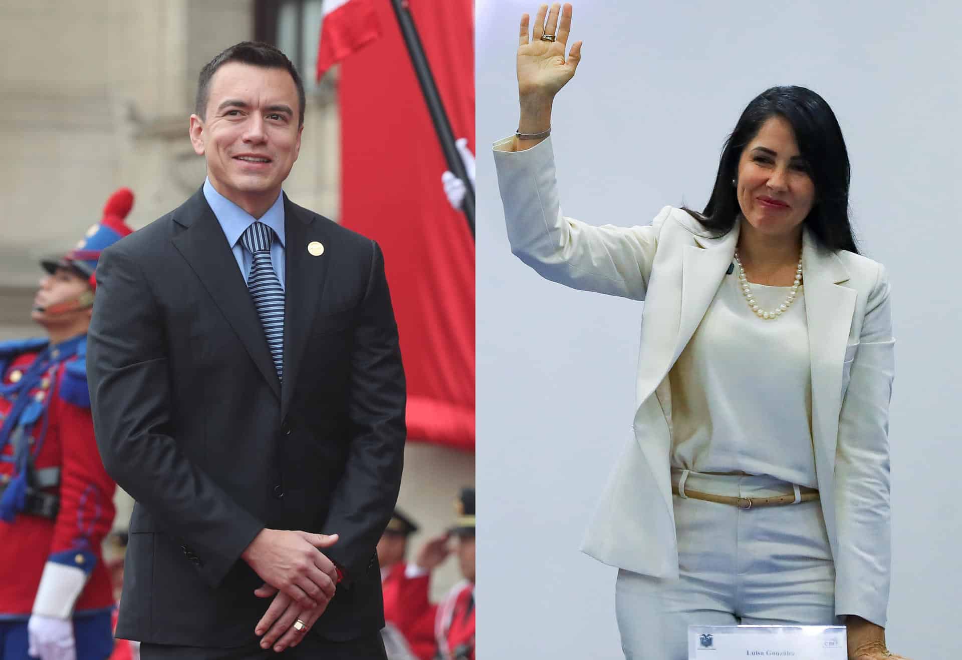 Combo de fotografías de archivo donde aparece el presidente de Ecuador, Daniel Noboa y la candidata presidencial, Luisa González. EFE/ José Jácome / Paolo Aguilar