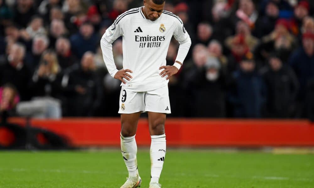 Kylian Mbappe, en un momento de la derrota del Real Madrid ante el Liverpool en Liga de Campeones. EFE/EPA/PETER POWELL