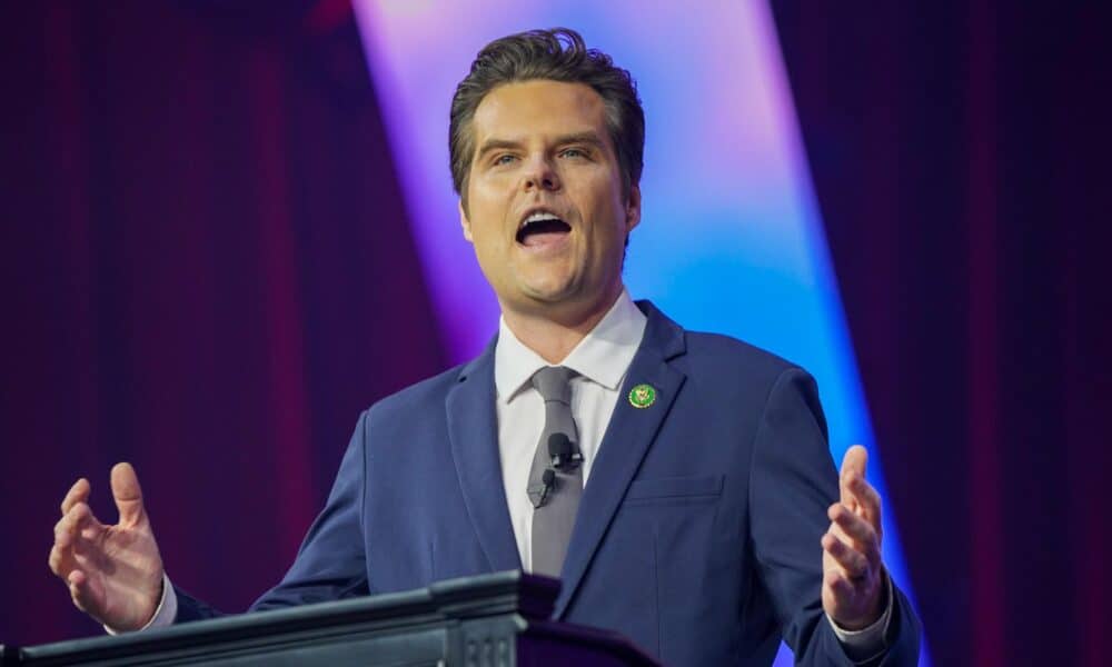 Fotografía de archivo del 15 de junio de 2024 del congresista estadounidense Matt Gaetz durante la Convención del Pueblo, una reunión de destacados conservadores organizada por el grupo político Turning Point Action, en Detroit, Michigan (Estados Unidos). EFE/EPA/DIEU-NIALO CHERY