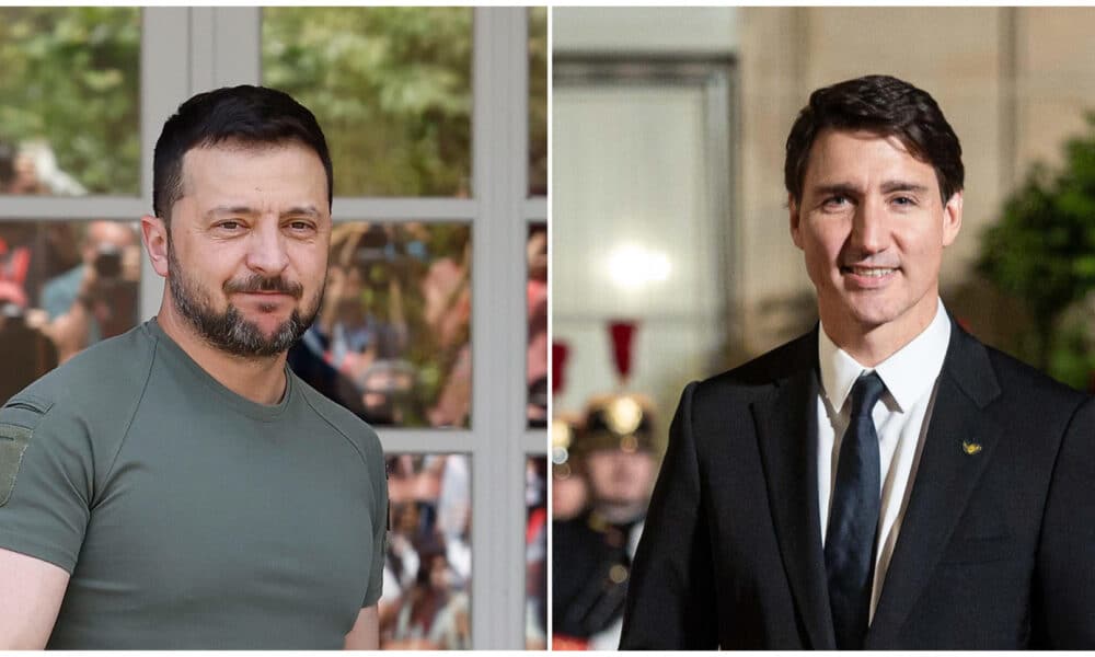 Combo de fotografías de archivo del presidente de Ucrania, Volodímir Zelenski (i) en el palacio de La Moncloa en Madrid, y el primer ministro de Canadá, Justin Trudeau en la XIX Cumbre de la Francofonía en París. EFE/ CHEMA MOYA/ CHRISTOPHE PETIT TESSON