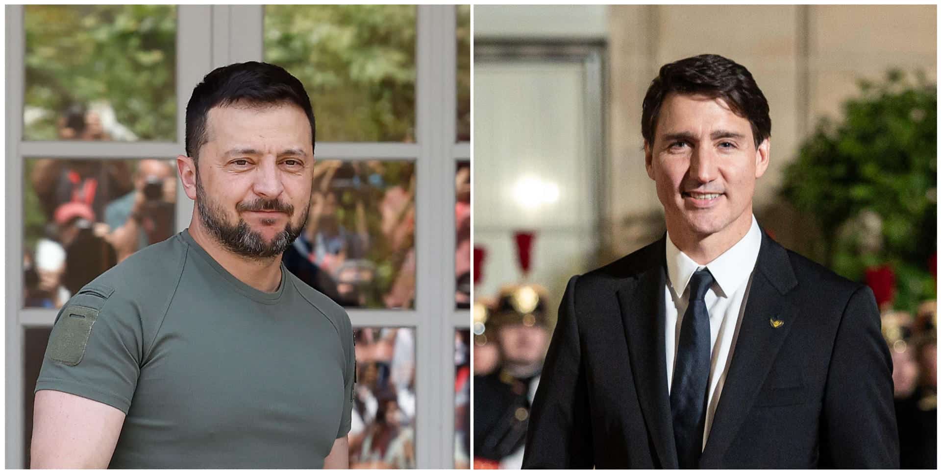 Combo de fotografías de archivo del presidente de Ucrania, Volodímir Zelenski (i) en el palacio de La Moncloa en Madrid, y el primer ministro de Canadá, Justin Trudeau en la XIX Cumbre de la Francofonía en París. EFE/ CHEMA MOYA/ CHRISTOPHE PETIT TESSON