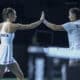 Las tenistas eslovacas Viktoria Hruncakova (i) y Tereza Mihalikova (d), durante el partido de dobles de la eliminatoria de semifinales contra Gran Bretaña, de las finales de la Copa Billie Jean King femenina de tenis este martes en Málaga. EFE/Daniel Pérez