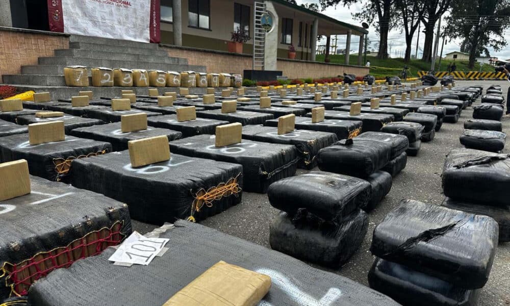 Fotografía cedida por la oficina de prensa del Ejército de Colombia de varios paquetes de marihuana incautados este domingo en Silvia (Colombia). EFE/Ejército de Colombia